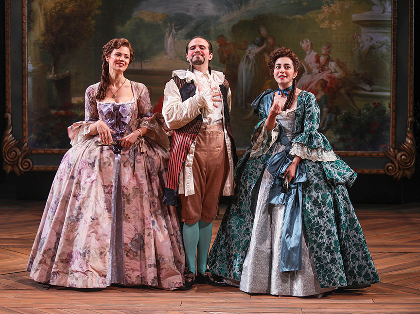 Meredith Garretson as Rosalind, Vincent Randazzo as Touchstone, and Nikki Massoud as Celia in As You Like It, by William Shakespeare, directed by Jessica Stone, running June 16 – July 21, 2019 at The Old Globe. Photo by Jim Cox.