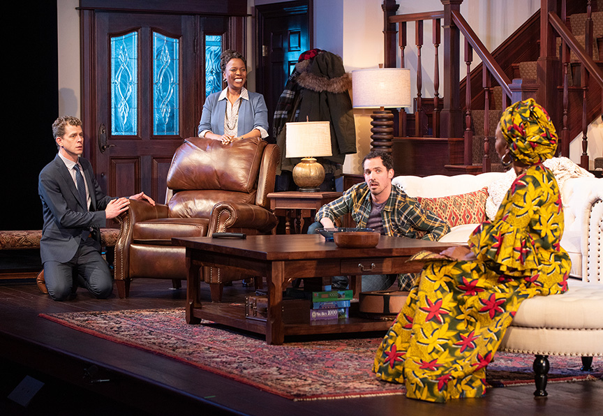 (from left) Lucas Hall as Chris, Cherene Snow as Marvelous Chinyaramwira, Anthony Comis as Brad, and Wandachristine as Anne in Familiar, running January 26 – March 3, 2019 at The Old Globe. Photo by J.T. MacMillan.
