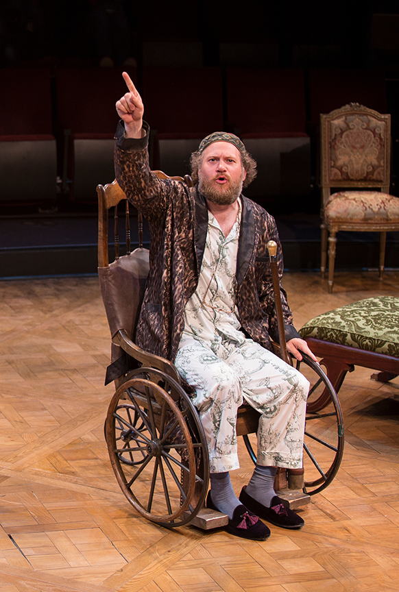 Andy Grotelueschen as Argan in the world premiere adaptation of Molière’s The Imaginary Invalid, adapted by Fiasco Theater, running May 27 – June 25, 2017 at The Old Globe. Photo by Jim Cox.